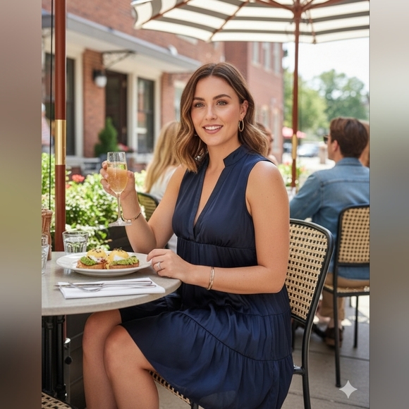 ​🛍️ Stunning Navy Blue V-Neck Tiered Mini Dress - Sleeveless & Flowy Vaca Vibes - Picture 1 of 12
